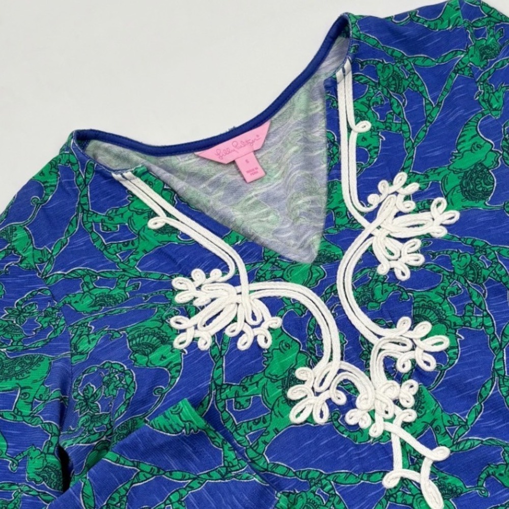 Lilly Pulitzer Women's S Etta V-Neck Blue Elephant Soutache Cotton Tunic Top